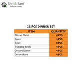Stainless Steel Delight Solid Dinner Set Of 28 Pieces, Silver | 4 Dinner Plates+ 4 Glasses+ 8 Bowls+ 4 Pudding Bowls+ 4 Dessert Spoons+ 4 Dessert Fork - Easy To Clean & Dishwasher-Safe